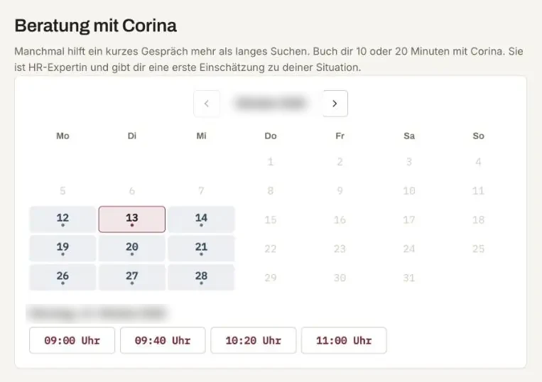 Seite «Beratung mit Corina» in imploya: Kalenderansicht mit Tagen und Uhrzeiten (Beispiel aus der Testumgebung)