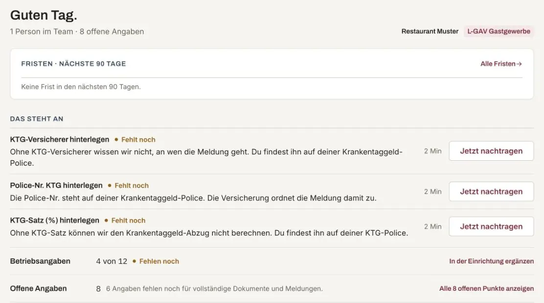 Startseite von imploya: Fristen der nächsten 90 Tage und eine Liste, was im Betrieb noch fehlt