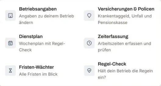 Menü Betrieb: Betriebsangaben, Versicherungen und Policen, Dienstplan, Zeiterfassung, Fristen-Wächter, Regel-Check