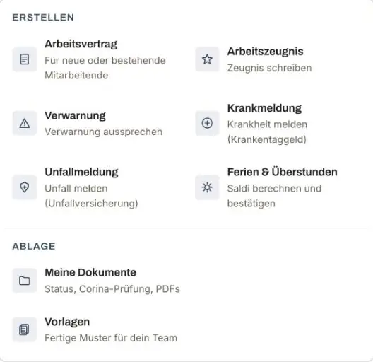 Menü Dokumente: Arbeitsvertrag, Arbeitszeugnis, Verwarnung, Krankmeldung, Unfallmeldung, Ferien und Überstunden, dazu Ablage und Vorlagen