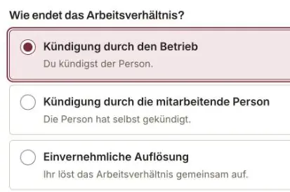 Ausschnitt aus dem Austritt: Auswahl, wie das Arbeitsverhältnis endet