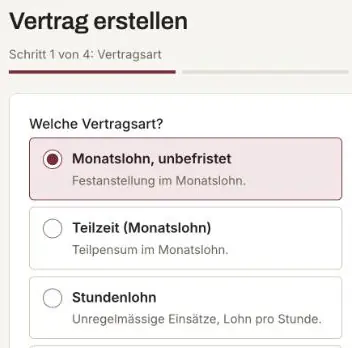 Ausschnitt aus «Vertrag erstellen», Schritt 1 von 4: Auswahl der Vertragsart